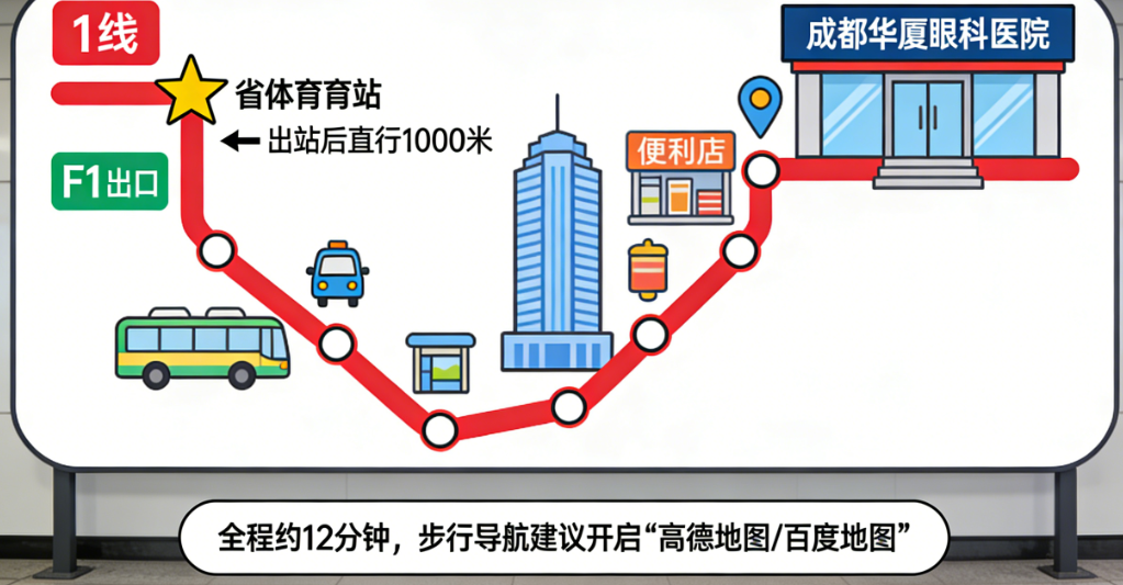 成都华厦眼科地铁路线：1号线到省体育馆站F1口出站1000米即到